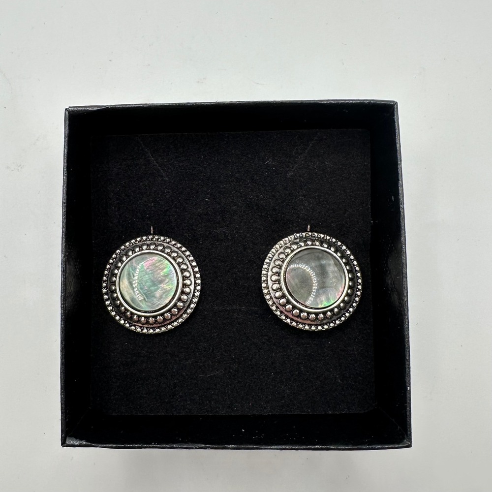 VTG Artisan Abalone Shell Silver Tone Beaded Round Leverback Earrings Boho